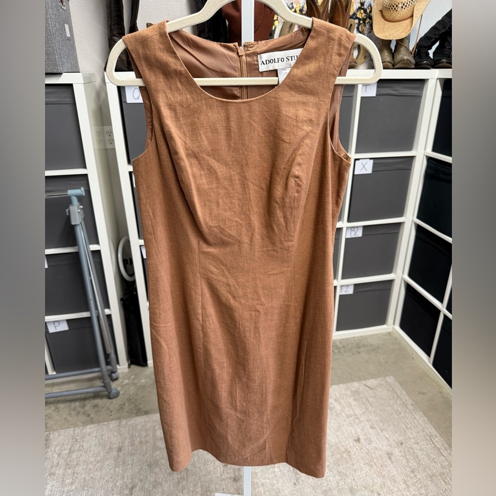 Adolfo Studios Vintage Rust Brown Linen Blend Sheath Shift Dress